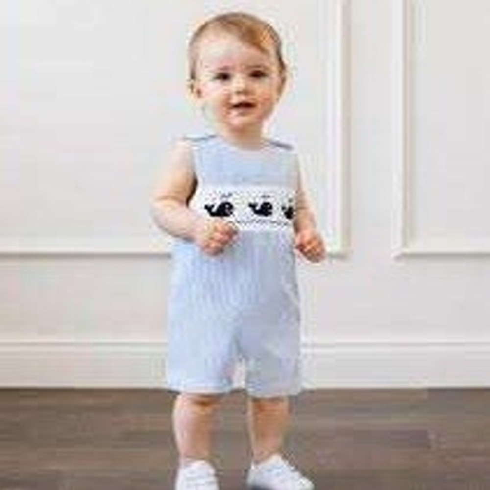 Boutique Boys Smocked Whale Seersucker Romper Blue White Stripe 12-18M